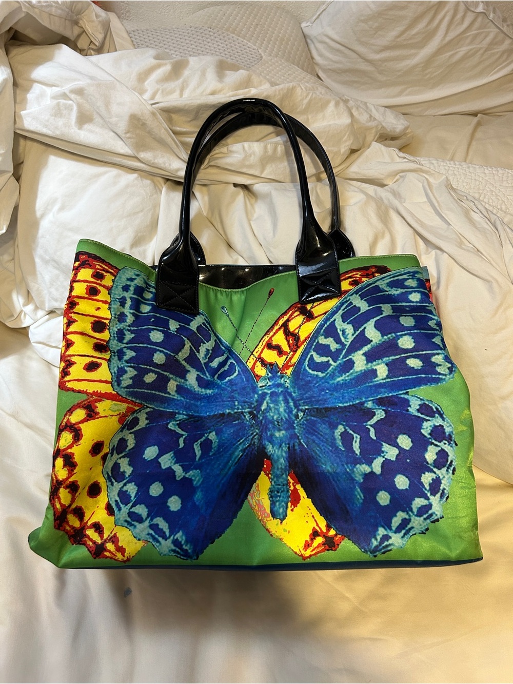 Kate Landry Green Tote with Blue Butterfly Print and Black Handles